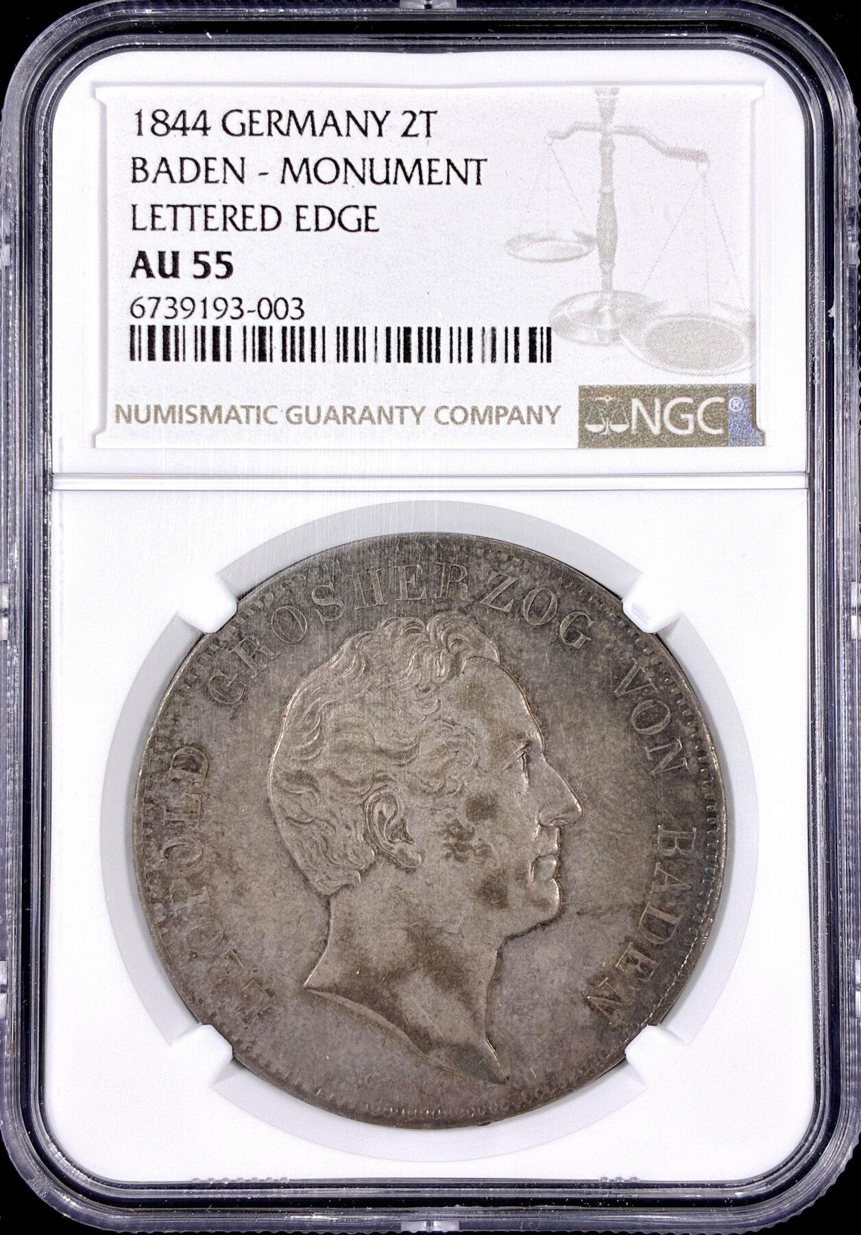 【雨安】【直播拍卖】【第0126期-评级币章】2026-01-24 周六 19:30 [评级德国] Germany 德国 德意志 2泰勒 Baden巴登 Thun.025 KM#0217.1 1844年 卡尔·弗里德里希纪念碑  NGC-AU55 均匀老包浆