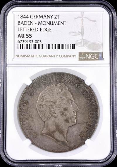 【雨安】【直播拍卖】【第0126期-评级币章】2026-01-24 周六 19:30 - [评级德国] Germany 德国 德意志 2泰勒 Baden巴登 Thun.025 KM#0217.1 1844年 卡尔·弗里德里希纪念碑  NGC-AU55 均匀老包浆