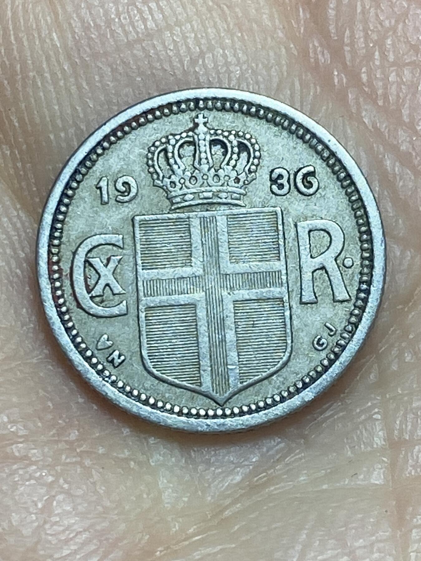 2026年第十二场(总第一百八十一场）外国好品散币场(免佣金) 丹属冰岛王国1936年10奥拉(克里斯蒂安十世第一版后期，N; GJ版)