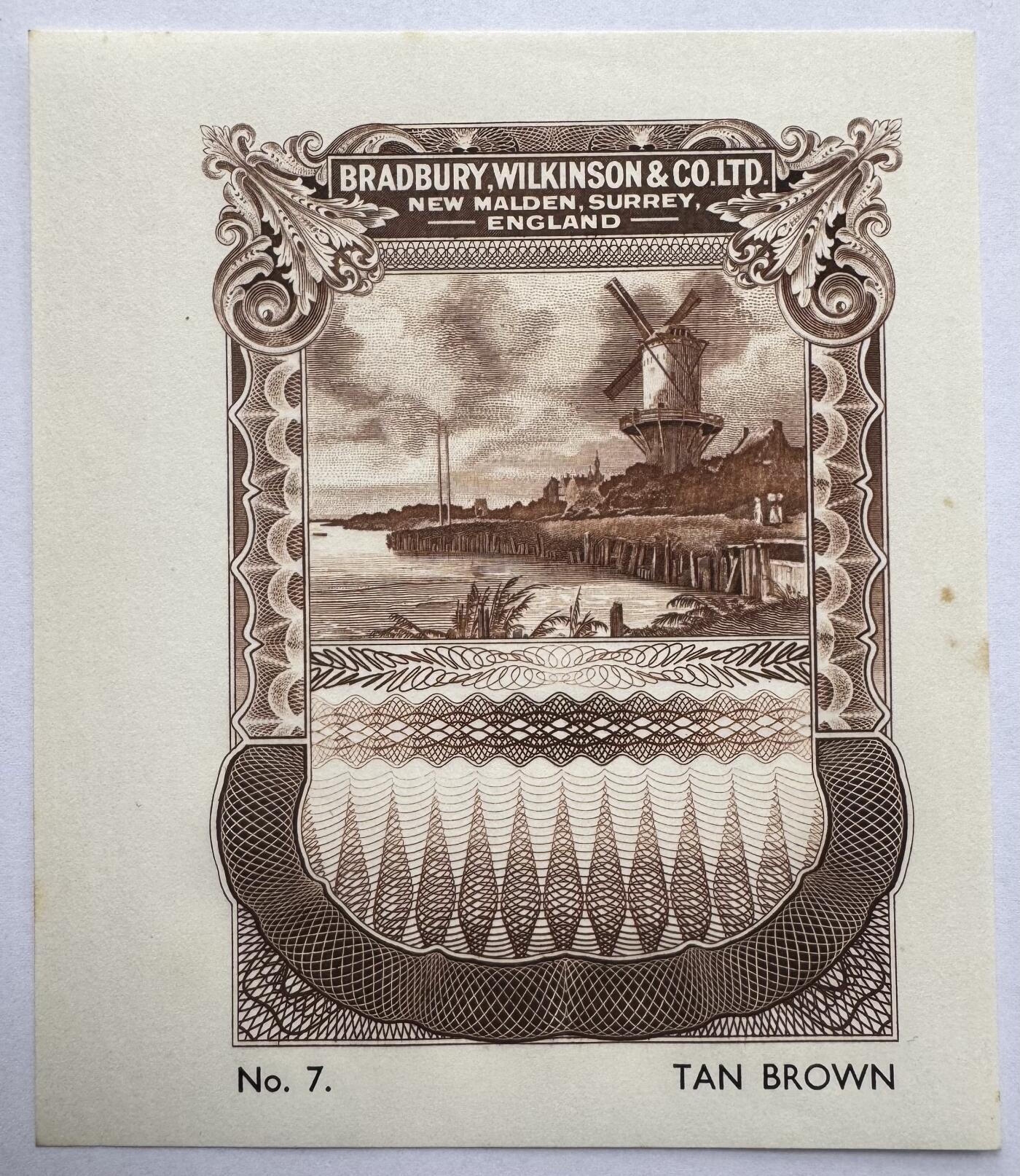 2026第2场（总第229期）：精品测试钞、连体钞综合场 NO.7棕色 布拉德伯里威尔金森“英格兰.苏里埃.新马尔登风景雕刻～风车”单面凹印测试UNC（有黄斑）