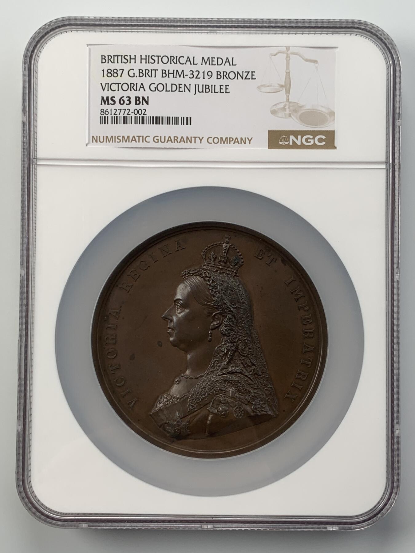 掌中浮雕-藏着的欧洲第050场 NGC MS63: 1887年维多利亚女王登基50年铜章, 77mm，J.E. Boehm and F. Leighton雕刻 , 英国章目录BHM-3219