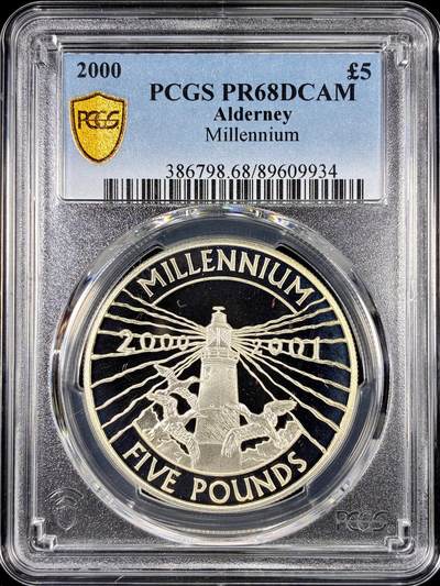 【雨安】【直播拍卖】【第0126期-评级币章】2026-01-24 周六 19:30 - [评级现代] Alderney 奥尔德尼 5镑 2000年 千禧年 PCGS-PR68DCAM 精制币