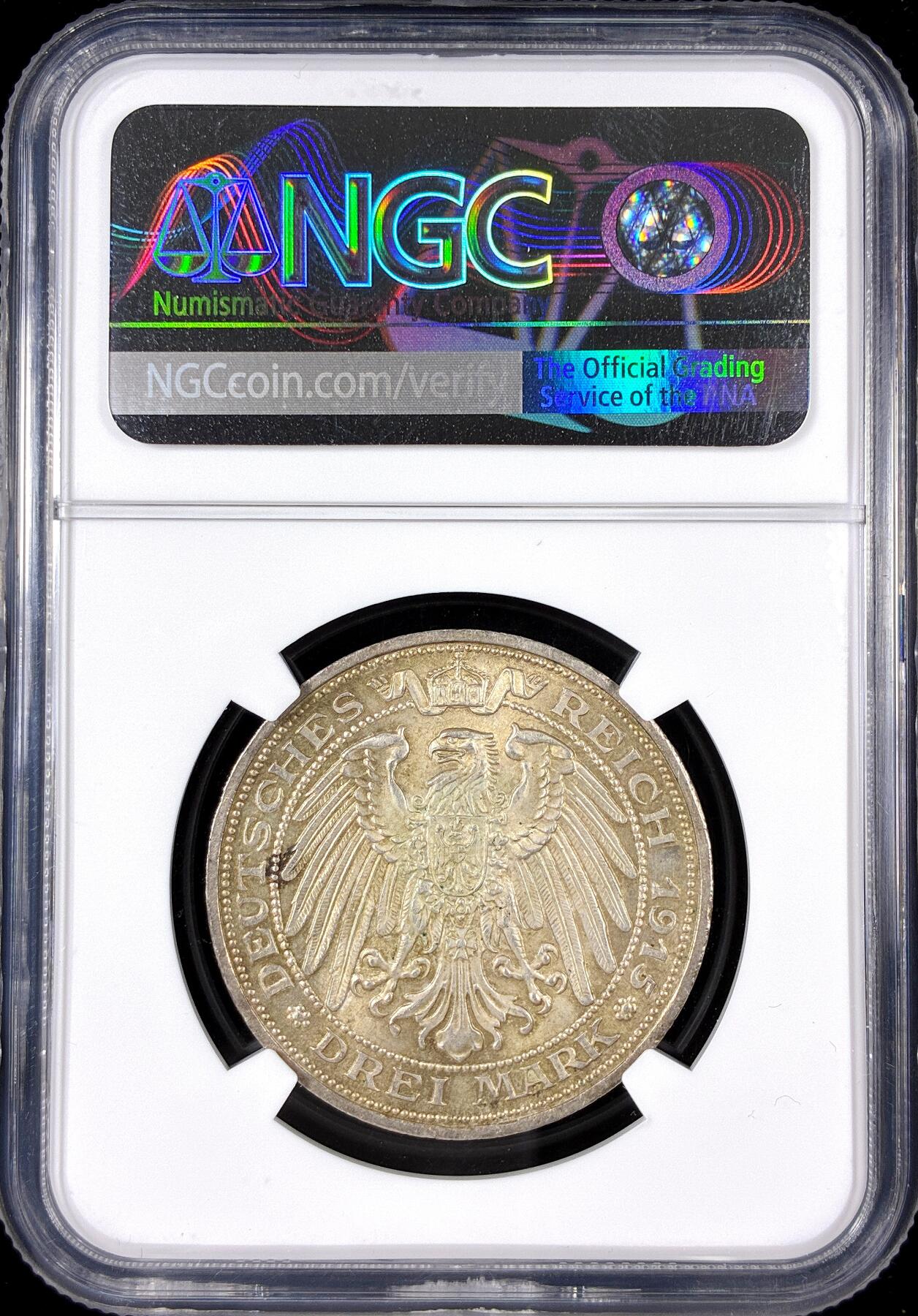 【雨安】【直播拍卖】【第0126期-评级币章】2026-01-24 周六 19:30 [评级德国] Germany 德国 帝国 J.115 普鲁士 3马克 (1915) 屠龙 1915年  NGC-MS65 原味淡五彩