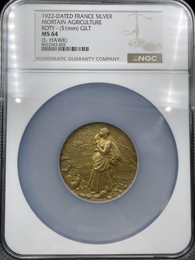 「木头集藏」章牌精品专场！ - O.Roty～1922年法国莫尔坦农业展会镀金银章，MS 64，直径：51 mm，64.6 g，品相很好！ 莫尔坦（Mortain）是法国诺曼底大区的一座古城，以农业和畜牧业为经济支柱