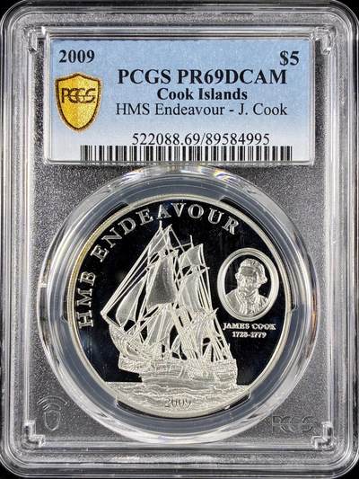 【雨安】【直播拍卖】【第0126期-评级币章】2026-01-24 周六 19:30 - [评级现代] Cook Island 库克群岛 5元 2009年 英国皇家战舰奋进号奋进号 PCGS-PR69DCAM 精制币