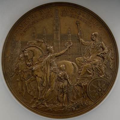 掌中浮雕-藏着的欧洲第050场 -  NGC MS63 ：1888年弗朗西斯·约瑟夫一世统治40周年铜章，J.Tautenhayn和A.Scharff雕刻，62mm