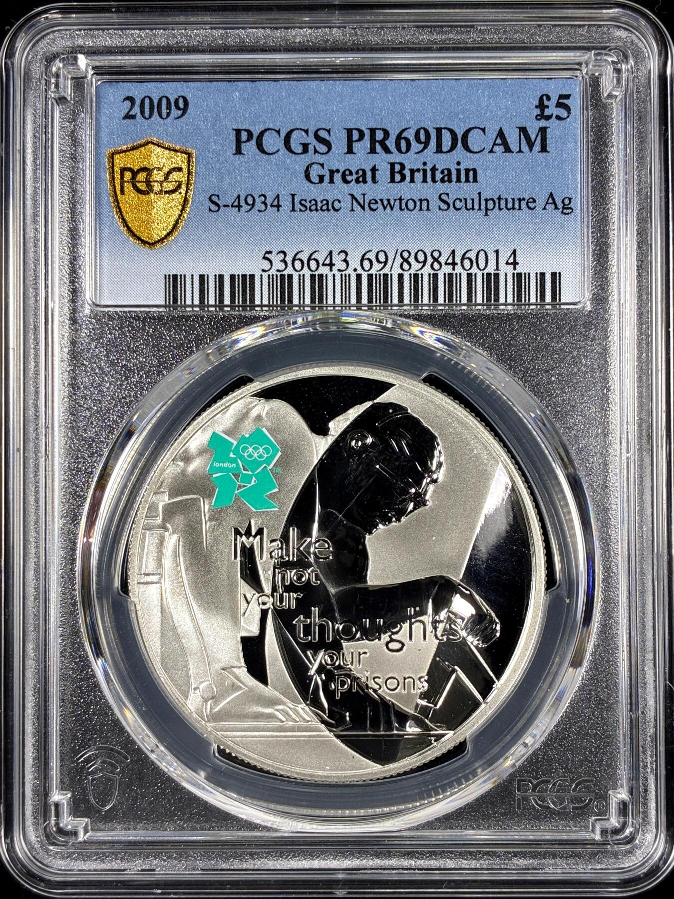 【雨安】【直播拍卖】【第0126期-评级币章】2026-01-24 周六 19:30 [评级现代] Great Britain 英国 5镑 2009年 伦敦奥运会-艾萨克·牛顿雕塑 PCGS-PR69DCAM 精制币