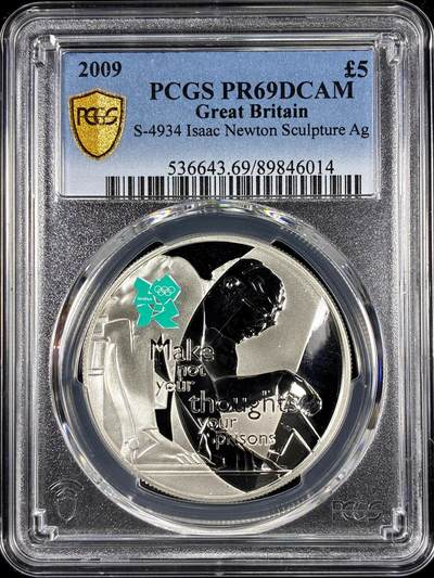 【雨安】【直播拍卖】【第0126期-评级币章】2026-01-24 周六 19:30 - [评级现代] Great Britain 英国 5镑 2009年 伦敦奥运会-艾萨克·牛顿雕塑 PCGS-PR69DCAM 精制币