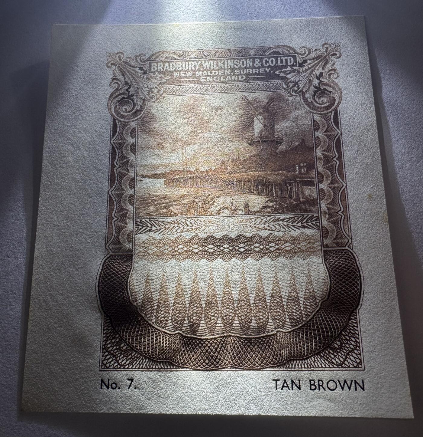 2026第2场（总第229期）：精品测试钞、连体钞综合场 NO.7棕色 布拉德伯里威尔金森“英格兰.苏里埃.新马尔登风景雕刻～风车”单面凹印测试UNC（有黄斑）