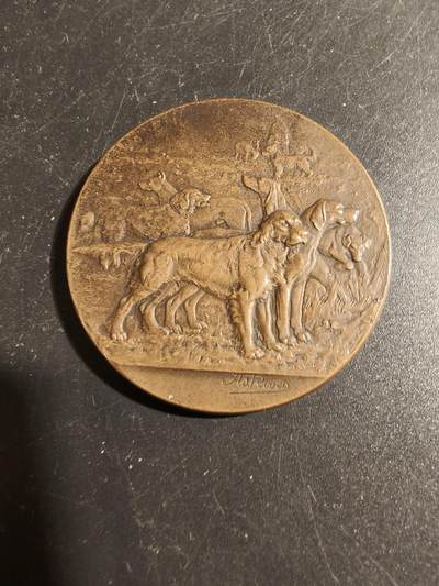 老王徽章第178期 - 法国1900年东南宠物犬协会博览会大铜章     大师里维特作品    直径45mm     重量46.2g