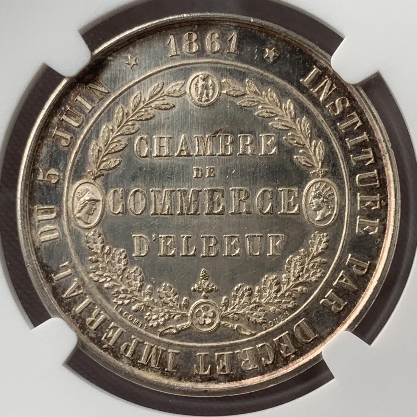 掌中浮雕-藏着的欧洲第050场 NGC MS64 ：1861年法国埃尔伯夫商会银章，33mm