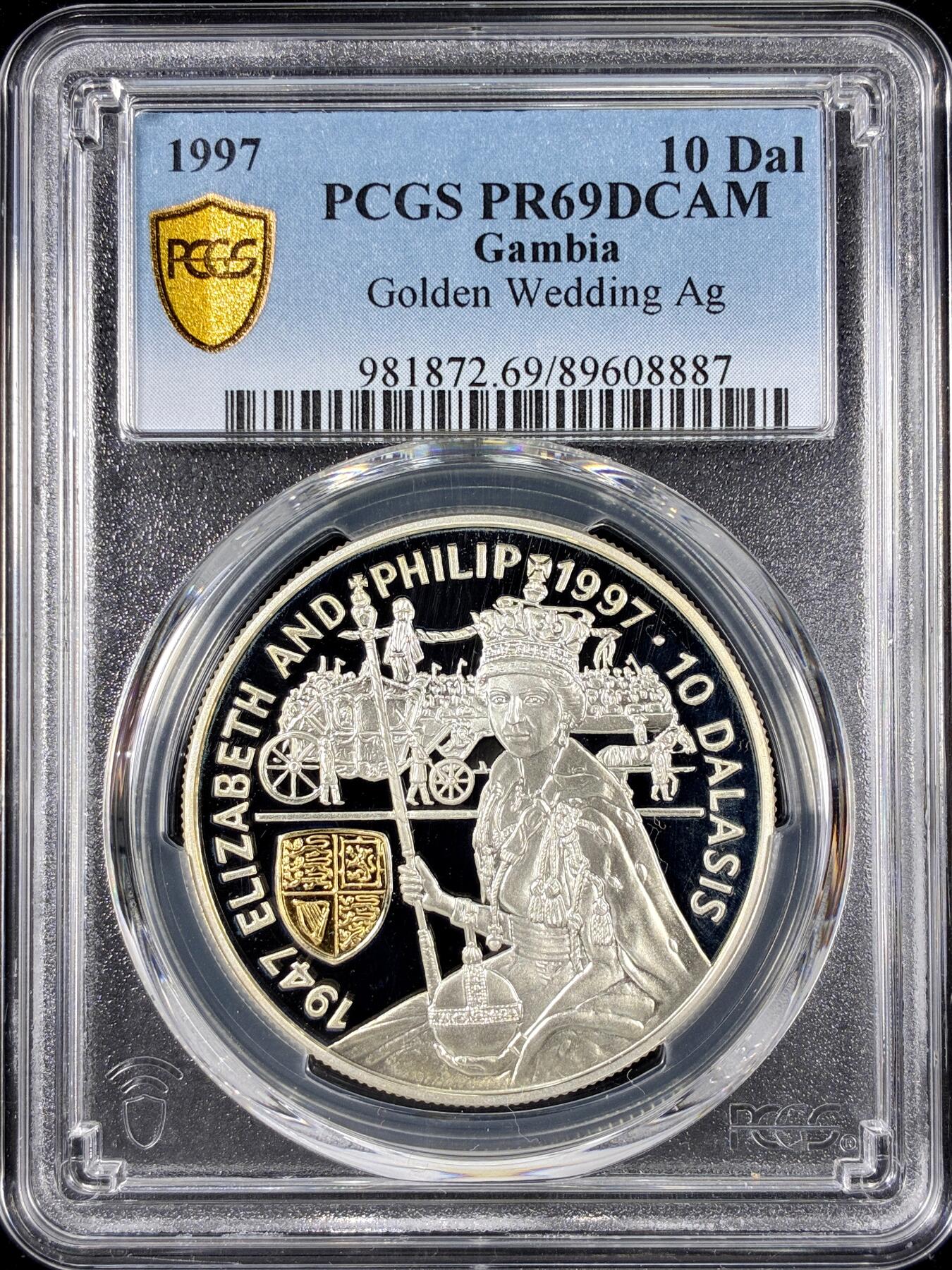 【雨安】【直播拍卖】【第0126期-评级币章】2026-01-24 周六 19:30 [评级现代] Gambia 冈比亚 10元 1997年 伊丽莎白二世金婚 PCGS-PR69DCAM 精制币