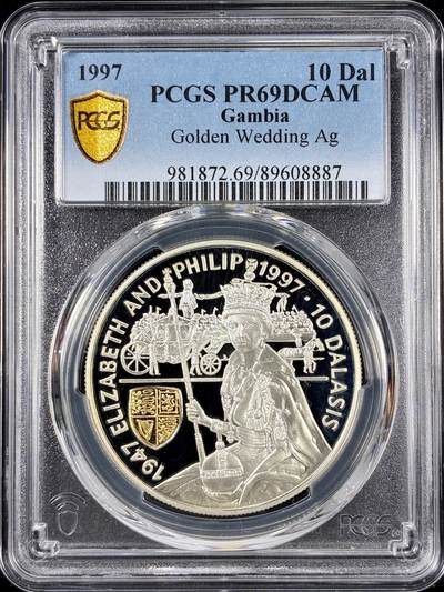 【雨安】【直播拍卖】【第0126期-评级币章】2026-01-24 周六 19:30 - [评级现代] Gambia 冈比亚 10元 1997年 伊丽莎白二世金婚 PCGS-PR69DCAM 精制币