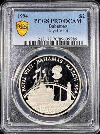 【雨安】【直播拍卖】【第0126期-评级币章】2026-01-24 周六 19:30 - [评级现代] Bahamas 巴哈马 2元 1994年 皇室访问 PCGS-PR70DCAM 精制币