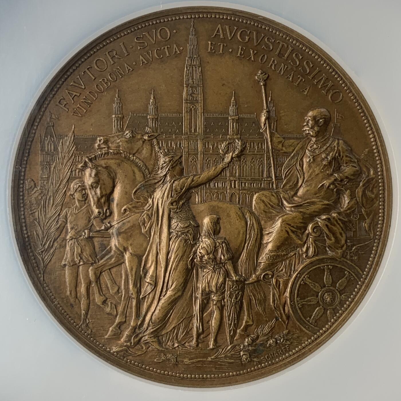 掌中浮雕-藏着的欧洲第050场  NGC MS63 ：1888年弗朗西斯·约瑟夫一世统治40周年铜章，J.Tautenhayn和A.Scharff雕刻，62mm