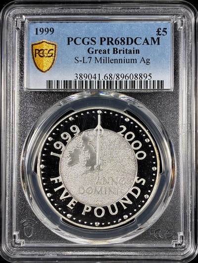 【雨安】【直播拍卖】【第0126期-评级币章】2026-01-24 周六 19:30 - [评级现代] Great Britain 英国 5镑 1999年 千禧年 [28.28克,  0.925银] PCGS-PR68DCAM 精制币