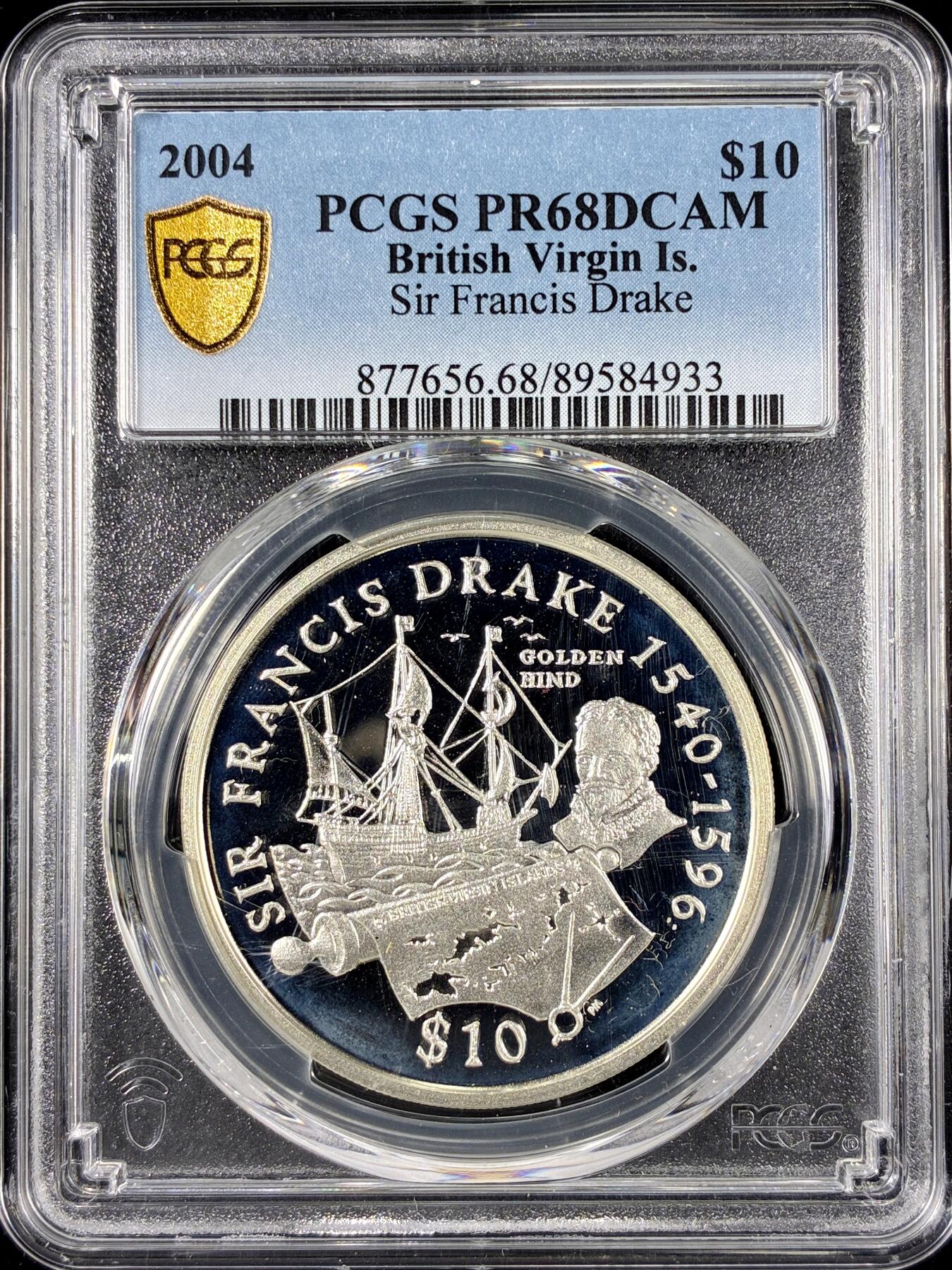 【雨安】【直播拍卖】【第0126期-评级币章】2026-01-24 周六 19:30 [评级现代] British Virgin Island 英属维尔京群岛 10元 2004年 航海家德雷克 PCGS-PR68DCAM 精制币