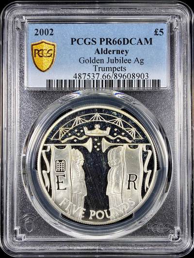 【雨安】【直播拍卖】【第0126期-评级币章】2026-01-24 周六 19:30 - [评级现代] Alderney 奥尔德尼 5镑 2002年 伊丽莎白二世登基50周年 PCGS-PR66DCAM 精制币