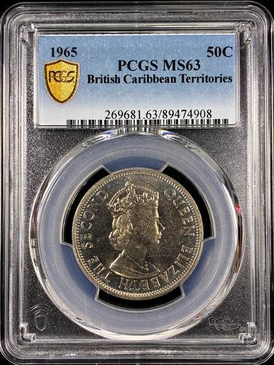 【雨安】【直播拍卖】【第0126期-评级币章】2026-01-24 周六 19:30 - [评级现代] British Caribbean Territories 英属加勒比 50分 1965年  PCGS-MS63