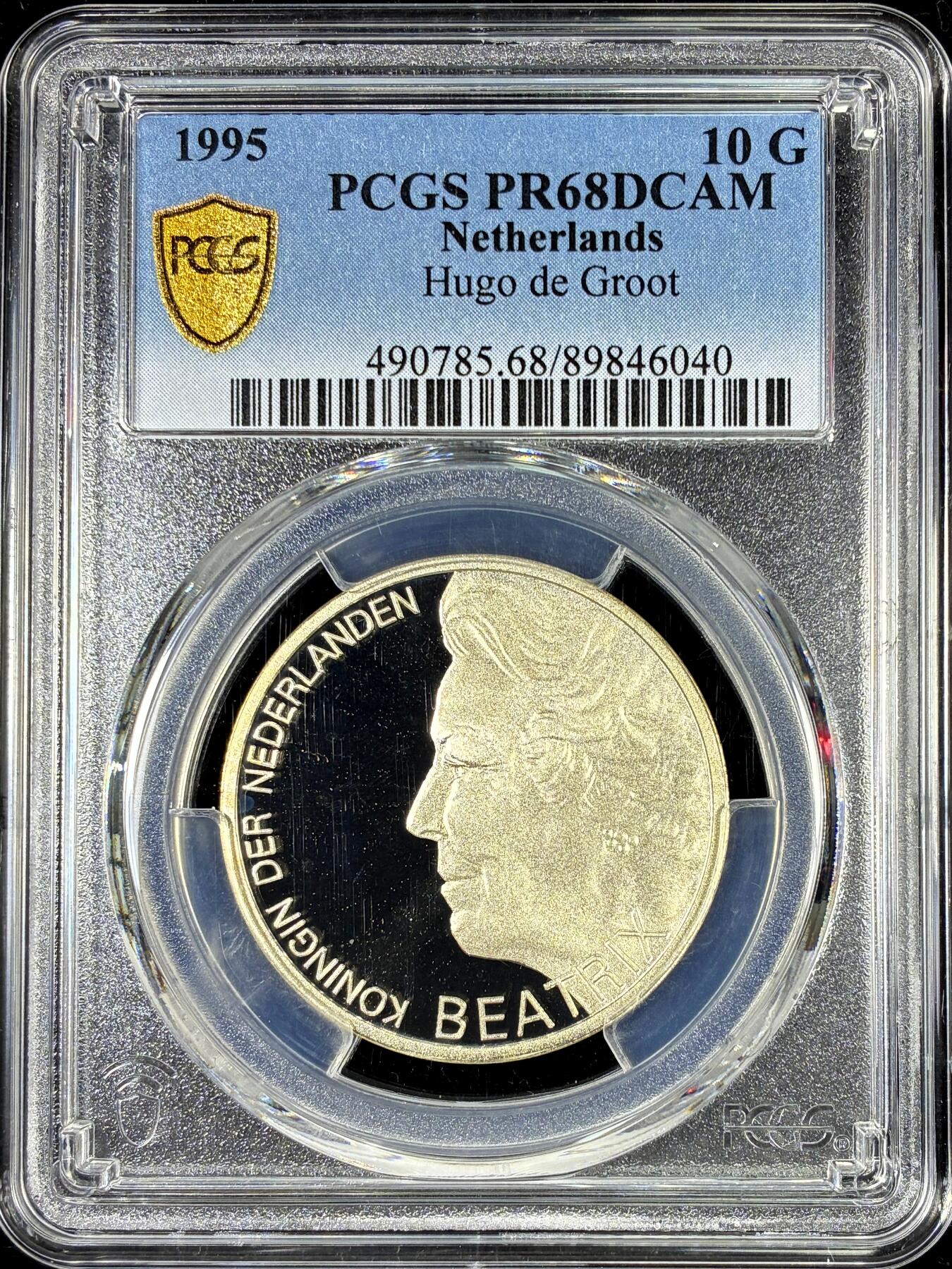 【雨安】【直播拍卖】【第0126期-评级币章】2026-01-24 周六 19:30 [评级现代] Netherlands 荷兰 王国 10盾 1995年 胡果·格劳秀斯 [15.00克,  0.800银] PCGS-PR68DCAM 精制币