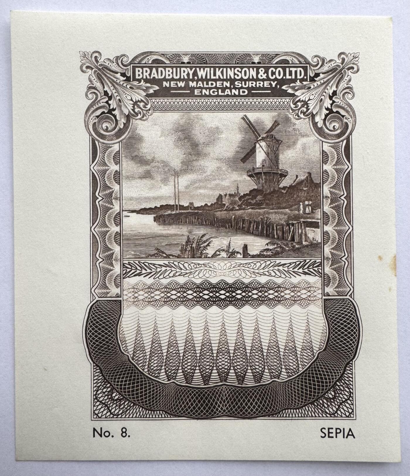 2026第2场（总第229期）：精品测试钞、连体钞综合场 NO.8棕褐色 布拉德伯里威尔金森“英格兰.苏里埃.新马尔登风景雕刻～风车”单面凹印测试UNC（有黄斑）