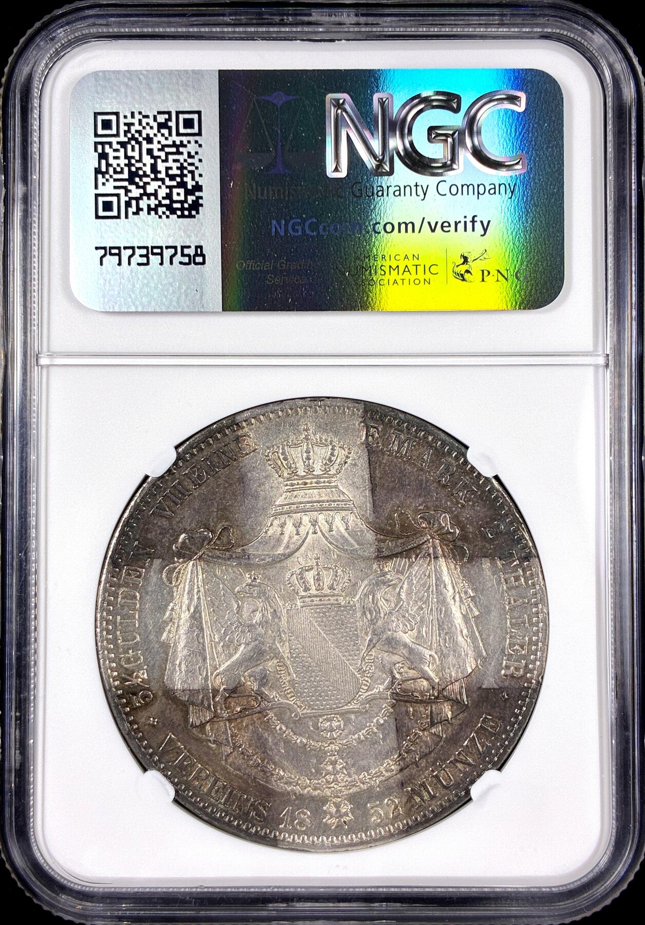 【雨安】【直播拍卖】【第0126期-评级币章】2026-01-24 周六 19:30 [评级德国] Germany 德国 德意志 2泰勒 Baden巴登 Thun.026 KM#0220 (1845-1852) 1852年  NGC-MS62