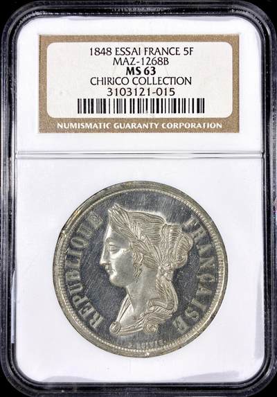 【雨安】【直播拍卖】【第0126期-评级币章】2026-01-24 周六 19:30 - [评级法国] France 法国 样币 Maz1268b 5法郎 1848年 谷物女神  NGC-MS63 名人旧藏 Chirico Collection 法国样币世界最顶级的收藏家