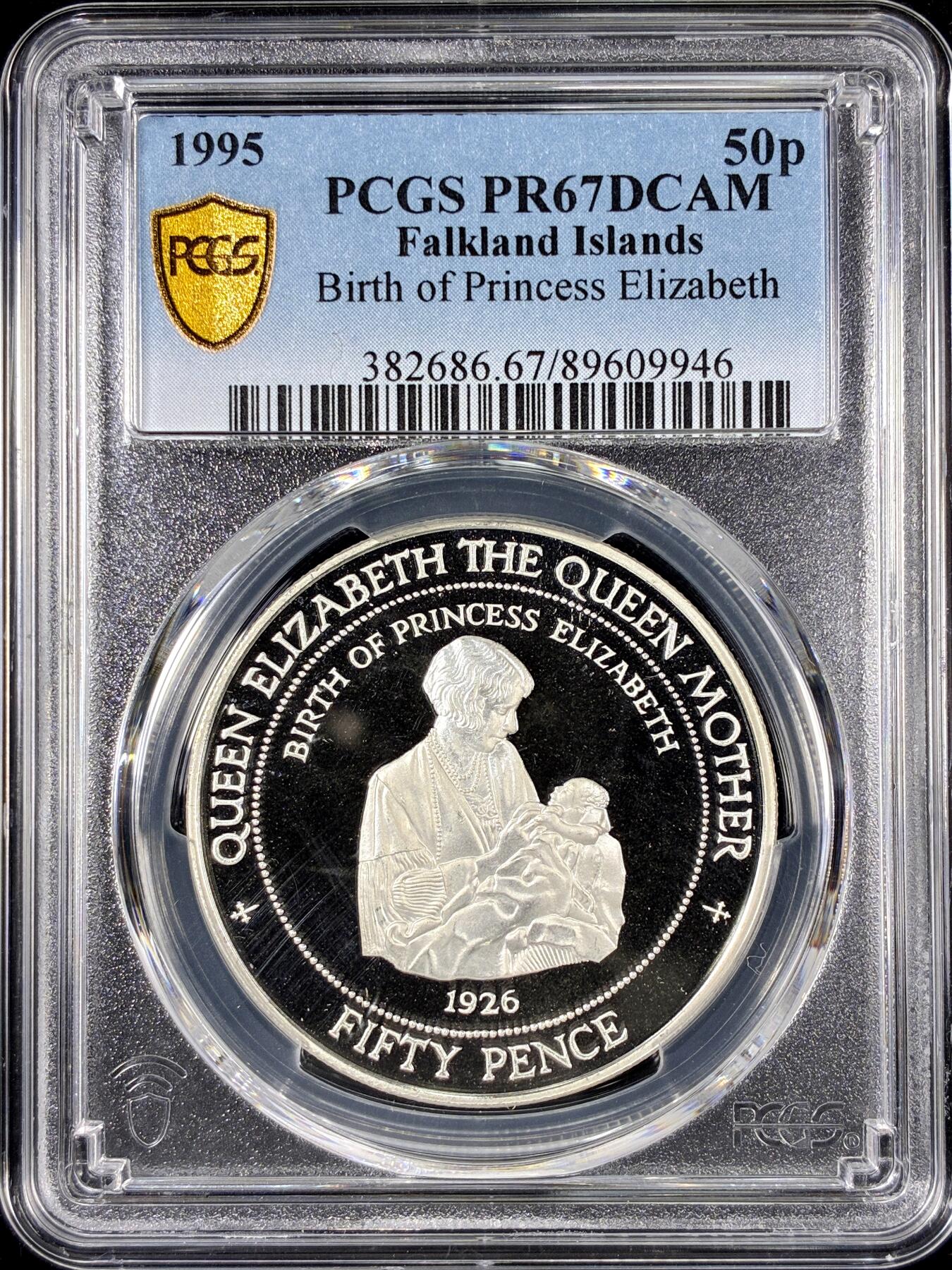 【雨安】【直播拍卖】【第0126期-评级币章】2026-01-24 周六 19:30 [评级现代] Falkland 福克兰群岛 50便士 1995年 伊丽莎白二世出生 PCGS-PR67DCAM 精制币