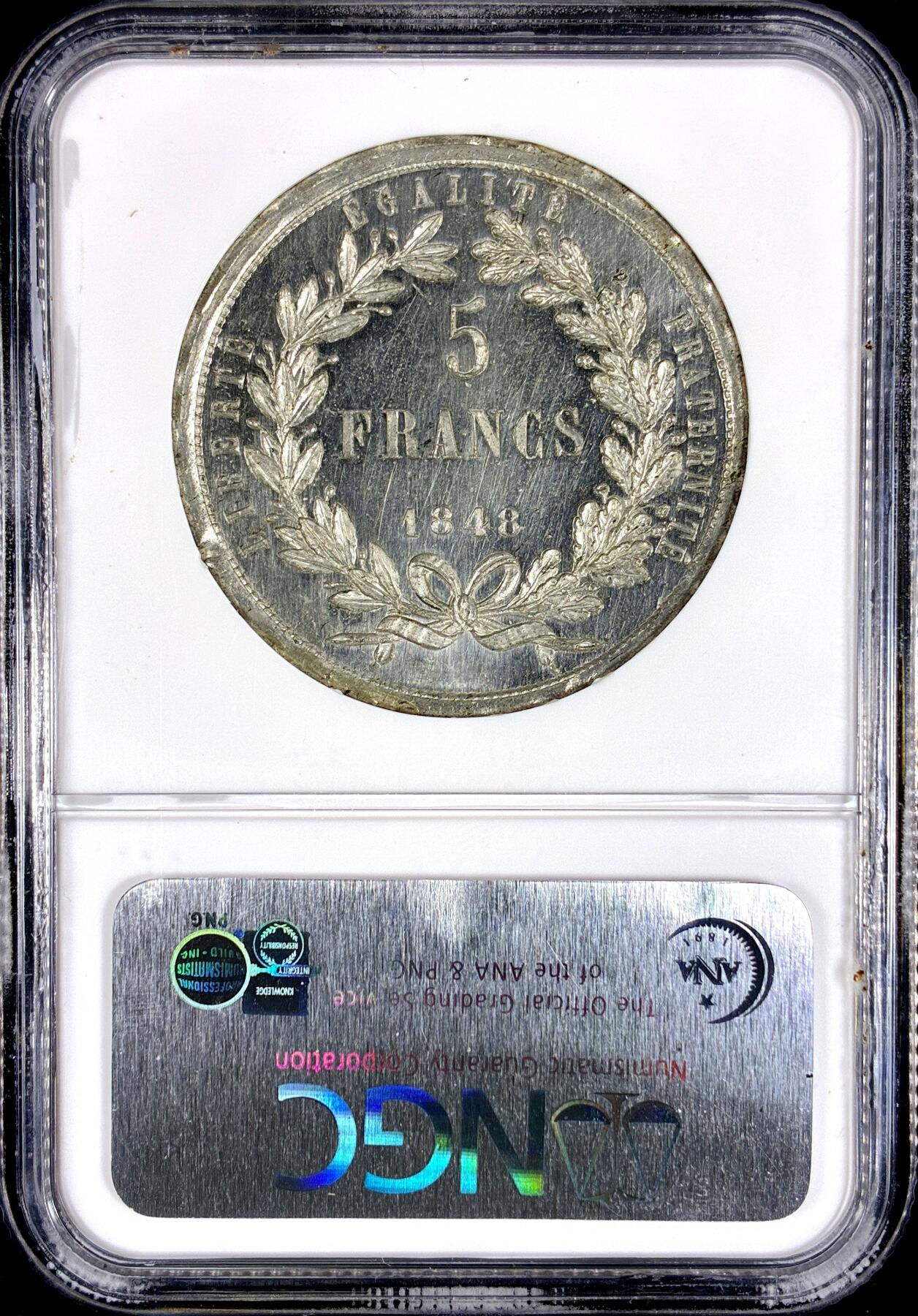【雨安】【直播拍卖】【第0126期-评级币章】2026-01-24 周六 19:30 [评级法国] France 法国 样币 Maz1268b 5法郎 1848年 谷物女神  NGC-MS63 名人旧藏 Chirico Collection 法国样币世界最顶级的收藏家