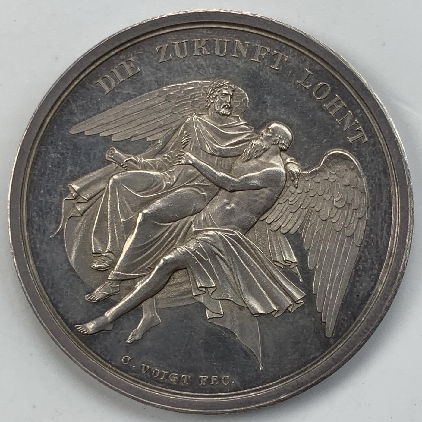 掌中浮雕-藏着的欧洲第050场 时间之神银章， 37mm，19g，Voigt雕刻，边缘有刻字，正面的青年人转瞬间成了背面的老者，珍惜时间吧！