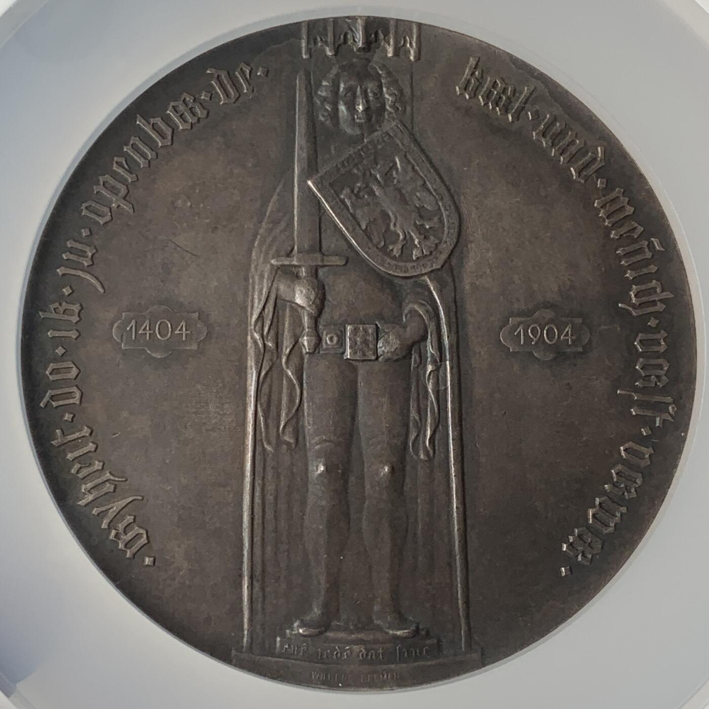 掌中浮雕-藏着的欧洲第050场 NGC MS62：1904年德国不来梅罗兰骑士雕像建成500周年银章，70mm，正面：罗兰石像