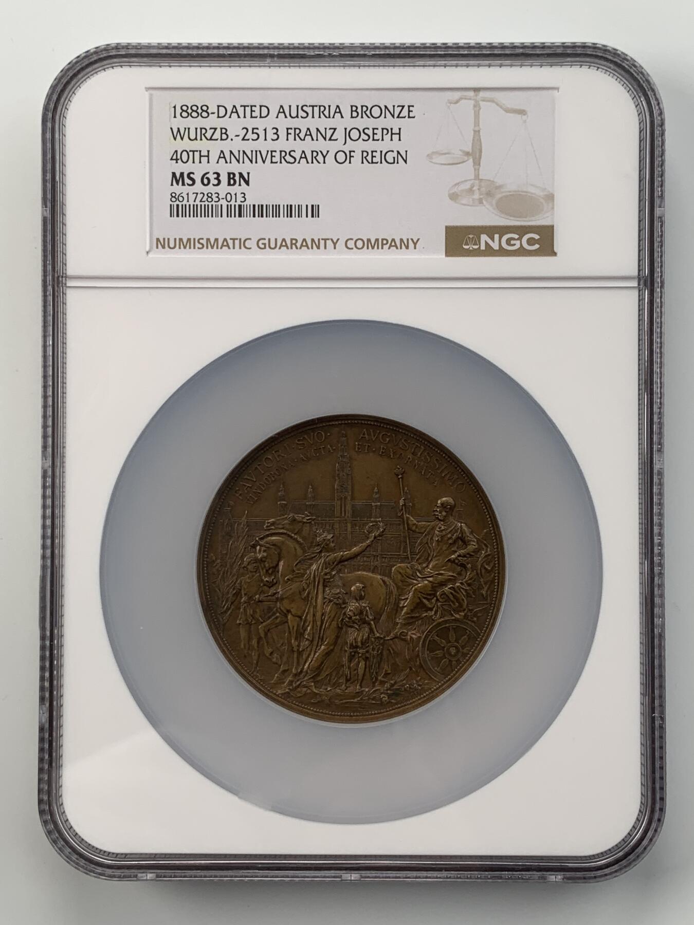 掌中浮雕-藏着的欧洲第050场  NGC MS63 ：1888年弗朗西斯·约瑟夫一世统治40周年铜章，J.Tautenhayn和A.Scharff雕刻，62mm