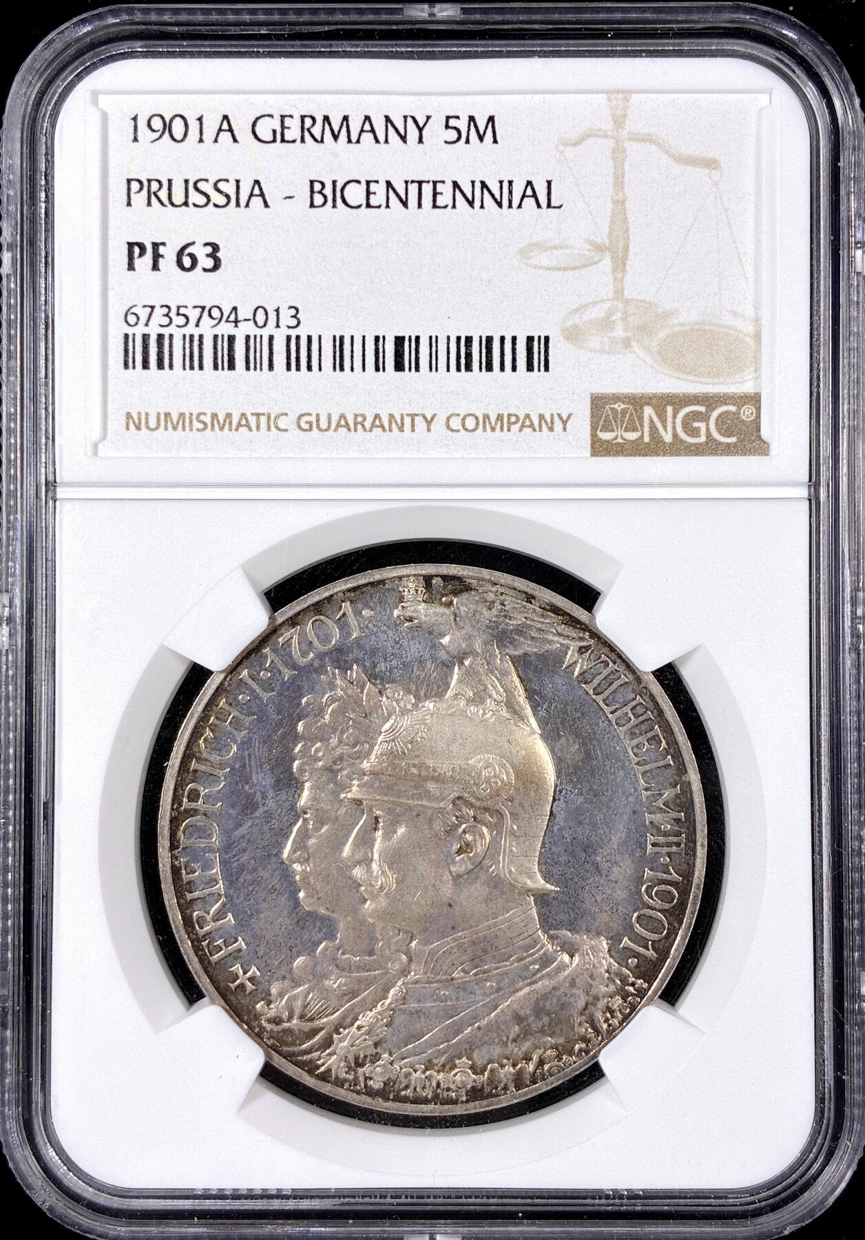 【雨安】【直播拍卖】【第0126期-评级币章】2026-01-24 周六 19:30 [评级德国] Germany 德国 帝国 J.106 普鲁士 5马克 (1901) 建国 1901年 NGC-PF63 精制币