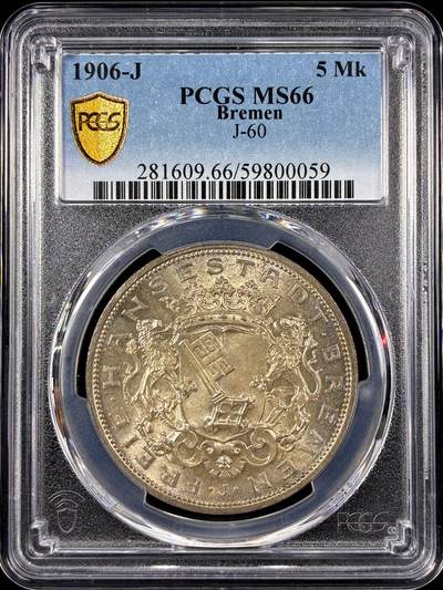 【雨安】【直播拍卖】【第0126期-评级币章】2026-01-24 周六 19:30 - [评级德国] Germany 德国 帝国 J.060 不莱梅 5马克 (1906) 1906年  PCGS-MS66 顶级粉光, 底板无暇