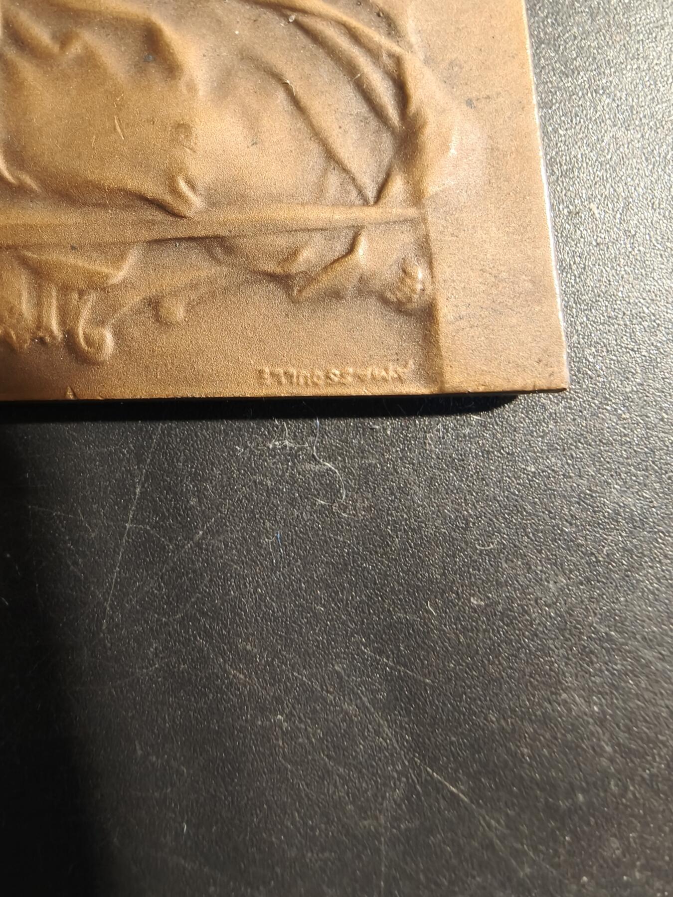 老王徽章第178期 法国“和平寓言”主题方形大铜章     一手持盾一手执剑的女性在保护一位小孩      大师皮列作品     尺寸50×68mm    重量88.5g