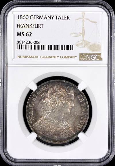 【雨安】【直播拍卖】【第0126期-评级币章】2026-01-24 周六 19:30 - [评级德国] Germany 德国 德意志 1泰勒 Frankfurt法兰克福 Thun.142 KM#0360 (1859-1860) 法兰克福少女 1860年  NGC-MS62 银光状态极佳, 状态超62分