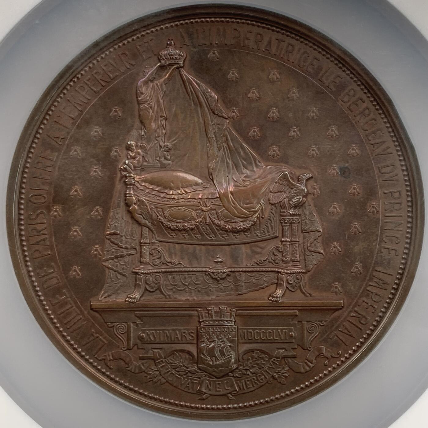 掌中浮雕-藏着的欧洲第050场 NGC AU58  : 1856年法国拿破仑三世儿子诞生大铜章 ，77mm