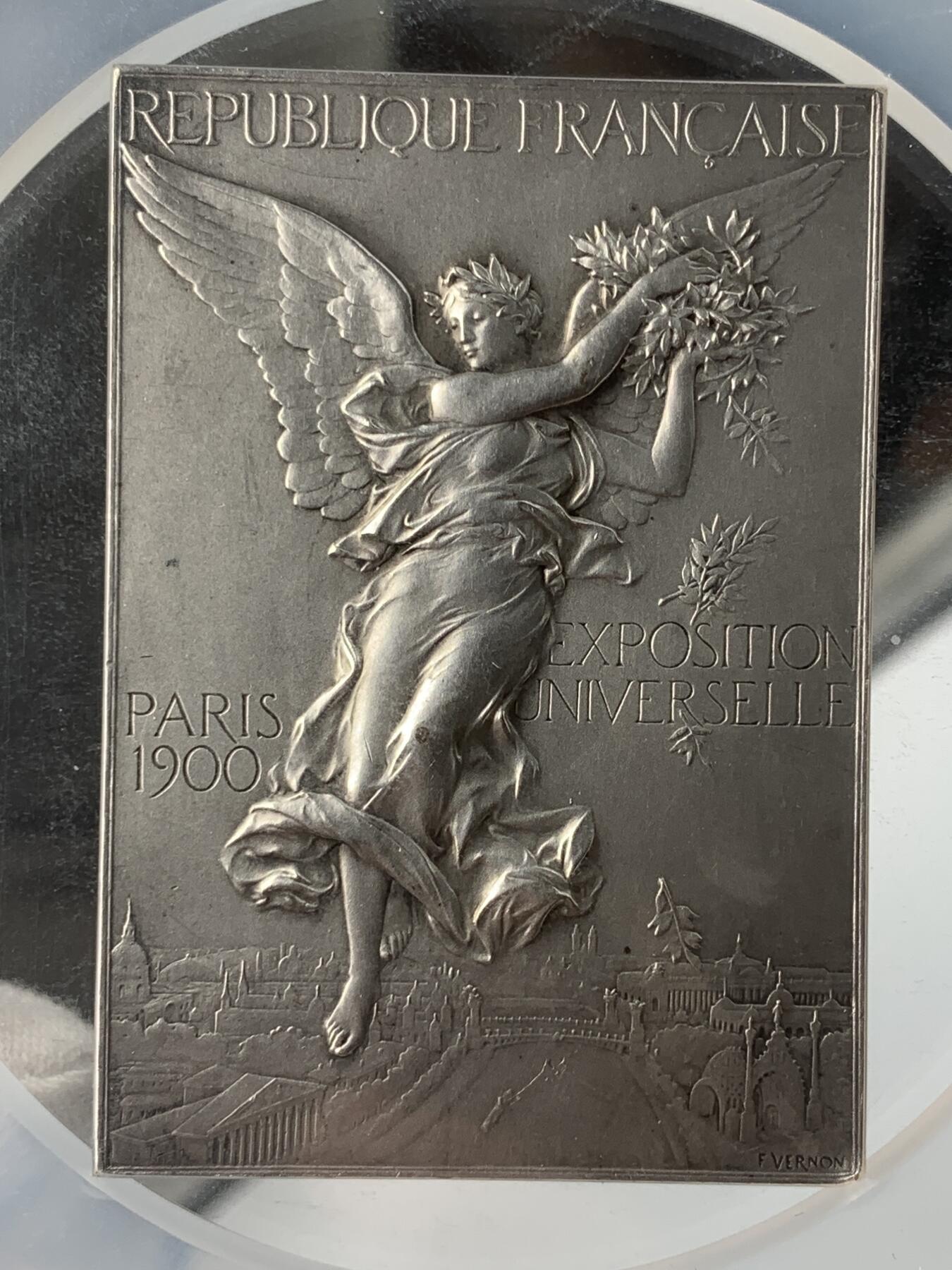 掌中浮雕-藏着的欧洲第050场 NGC MS62 : 1900年法国奥运、世博会纪念镀银铜章(NGC错误标注银章），42*60mm