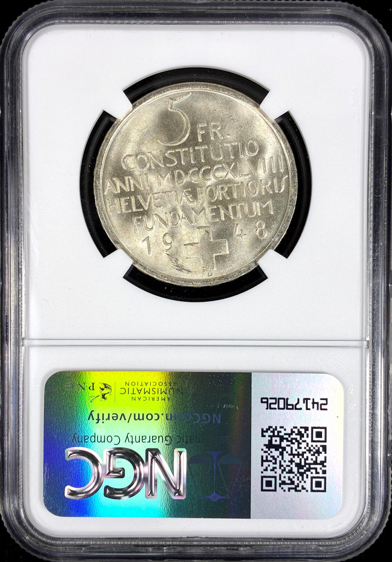 【雨安】【直播拍卖】【第0126期-评级币章】2026-01-24 周六 19:30 [评级欧洲] Switzerland 瑞士 5法郎 1948年 瑞士宪法百年 KM#48  NGC-MS66