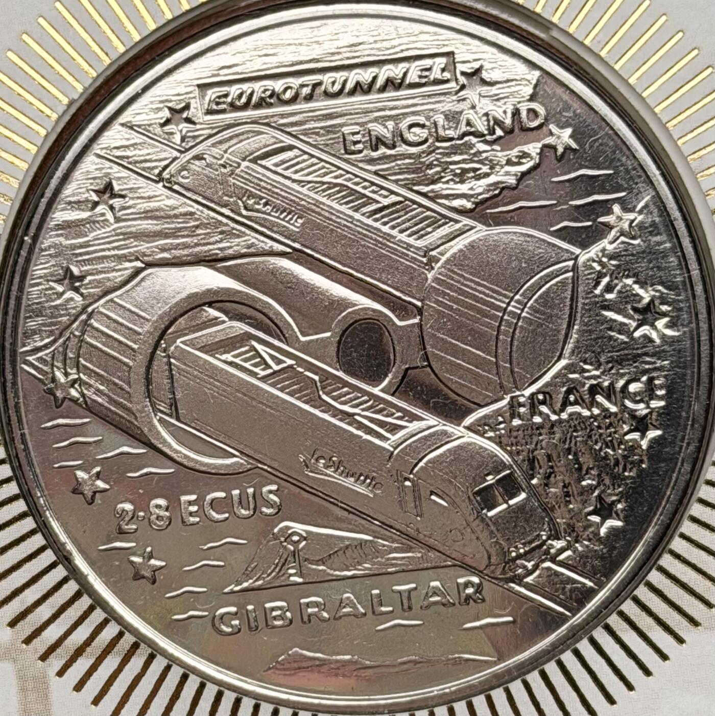 ＜星葵钱币社＞散币克朗场第68期·1月23日发货 〈邮币封〉直布罗陀1993年英吉利海峡隧道建设2.8埃居类精制克朗型纪念币