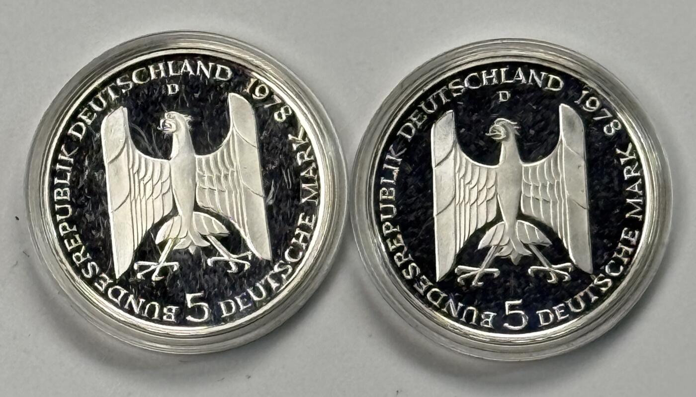 S&S Numismatic世界钱币-拍卖 第119期  2枚一起-德国1978年 古斯塔夫·斯特雷塞曼诞辰百年 5马克精制纪念银币，22.4克625银，品相如图