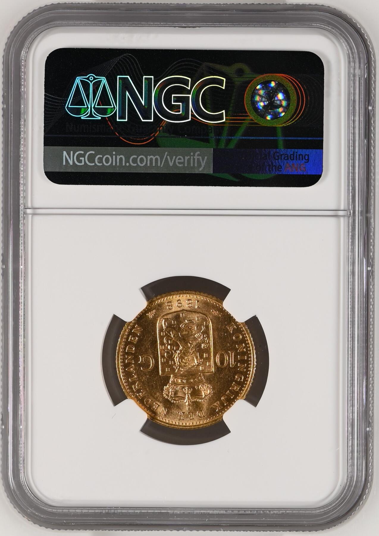 NGC-MS63荷兰1898年威廉明娜女王10盾金币金萝莉皇冠萝莉