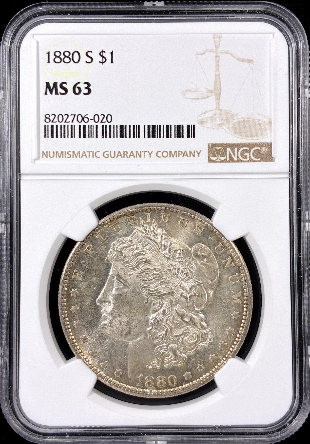 【雨安】【直播拍卖】【第0126期-评级币章】2026-01-24 周六 19:30 [评级美洲] USA 美国 1美元 (1878-1921) 摩根 1880年S  NGC-MS63 五彩包浆, 底板有PL的感觉