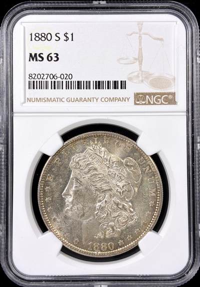 【雨安】【直播拍卖】【第0126期-评级币章】2026-01-24 周六 19:30 - [评级美洲] USA 美国 1美元 (1878-1921) 摩根 1880年S  NGC-MS63 五彩包浆, 底板有PL的感觉