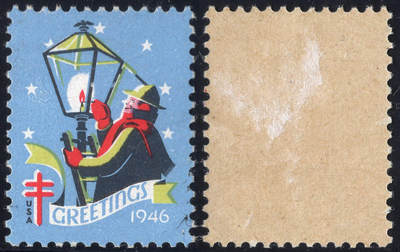 洪涛臻品批发群 精选邮票限时拍卖第1235期  - 美国圣诞节封缄票1946年 点燃顶部带白头鹰的路灯与防痨病标志  原胶好品