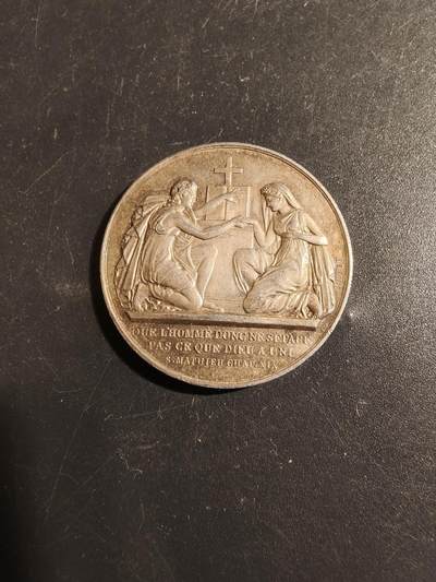 老王徽章第178期 - 法国银婚章     带边铭背铭1874年    蜜蜂950银标     直径32mm     重量14.3g