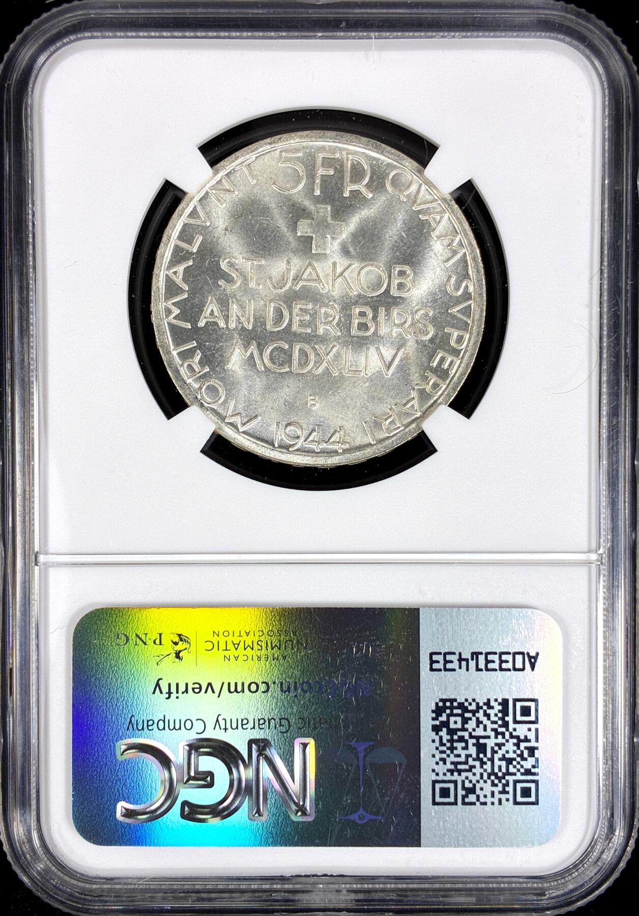 【雨安】【直播拍卖】【第0126期-评级币章】2026-01-24 周六 19:30 [评级欧洲] Switzerland 瑞士 5法郎 1944年 圣雅各布比尔斯战役 KM# 45  NGC-MS65
