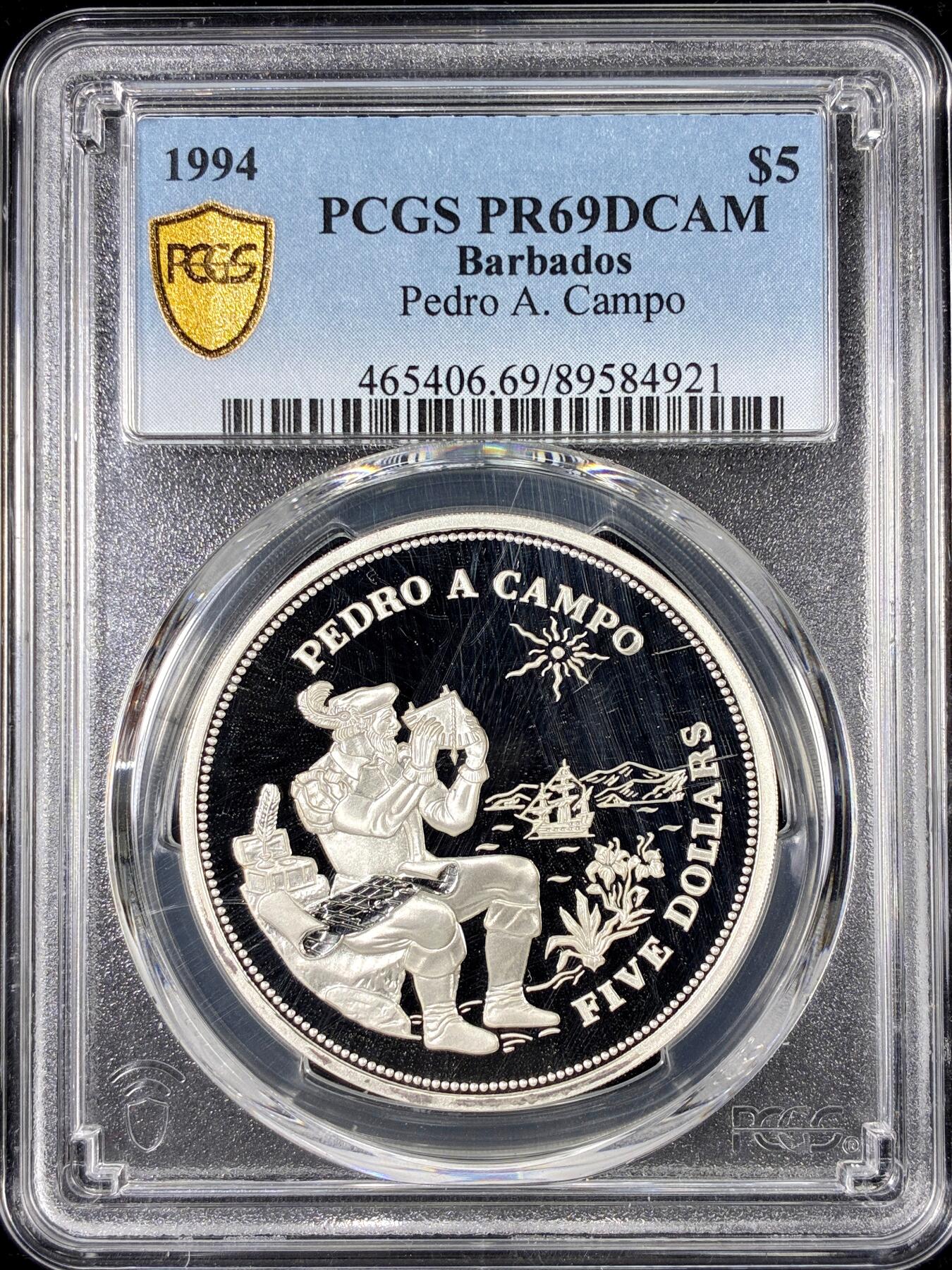 【雨安】【直播拍卖】【第0126期-评级币章】2026-01-24 周六 19:30 [评级现代] Barbados 巴巴多斯 5元 1994年 佩德罗 PCGS-PR69DCAM 精制币