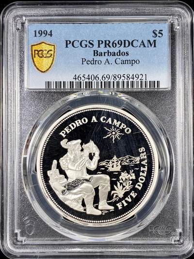 【雨安】【直播拍卖】【第0126期-评级币章】2026-01-24 周六 19:30 - [评级现代] Barbados 巴巴多斯 5元 1994年 佩德罗 PCGS-PR69DCAM 精制币