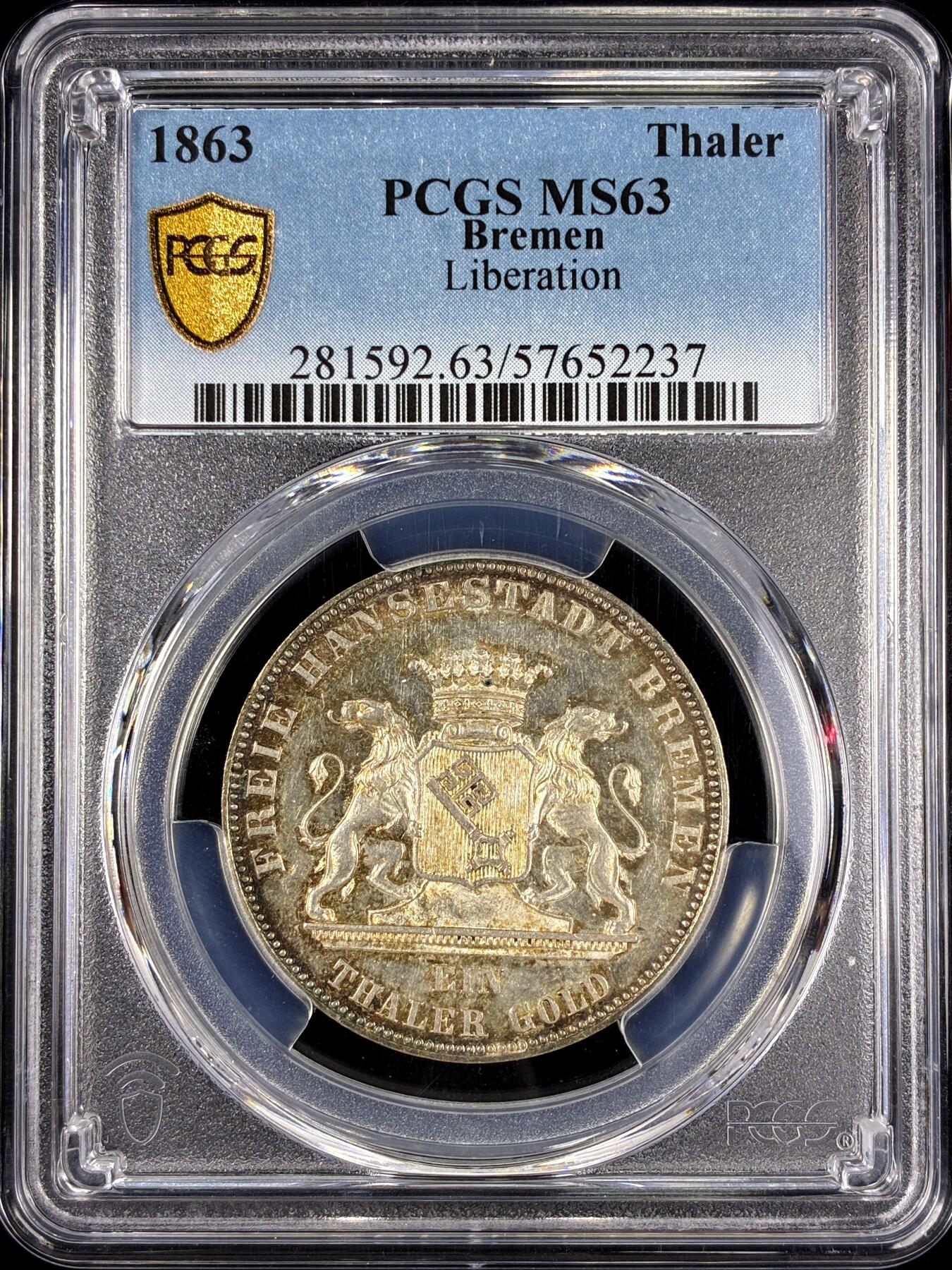 【雨安】【直播拍卖】【第0126期-评级币章】2026-01-24 周六 19:30 [评级德国] Germany 德国 德意志 1泰勒 Bremen不莱梅 Thun.124 (1863) 自由50周年 1863年  PCGS-MS63